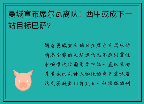 曼城宣布席尔瓦离队！西甲或成下一站目标巴萨？