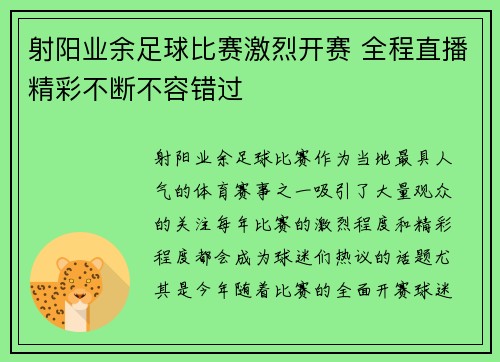 射阳业余足球比赛激烈开赛 全程直播精彩不断不容错过